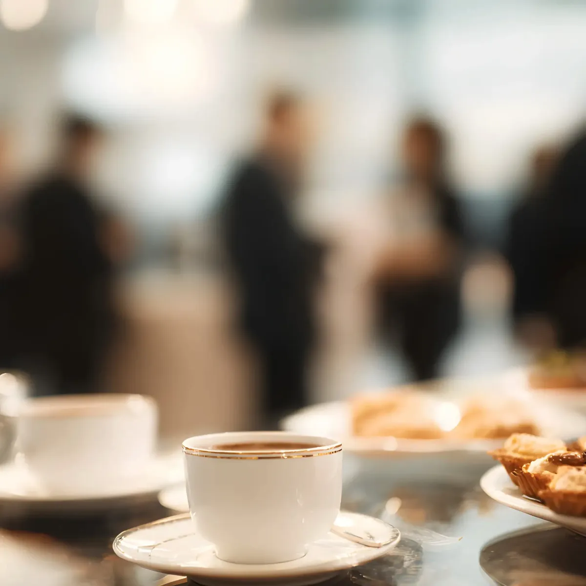 Kaffe og bakevarer i forgrunn med mennesker utydelig i bakgrunnen