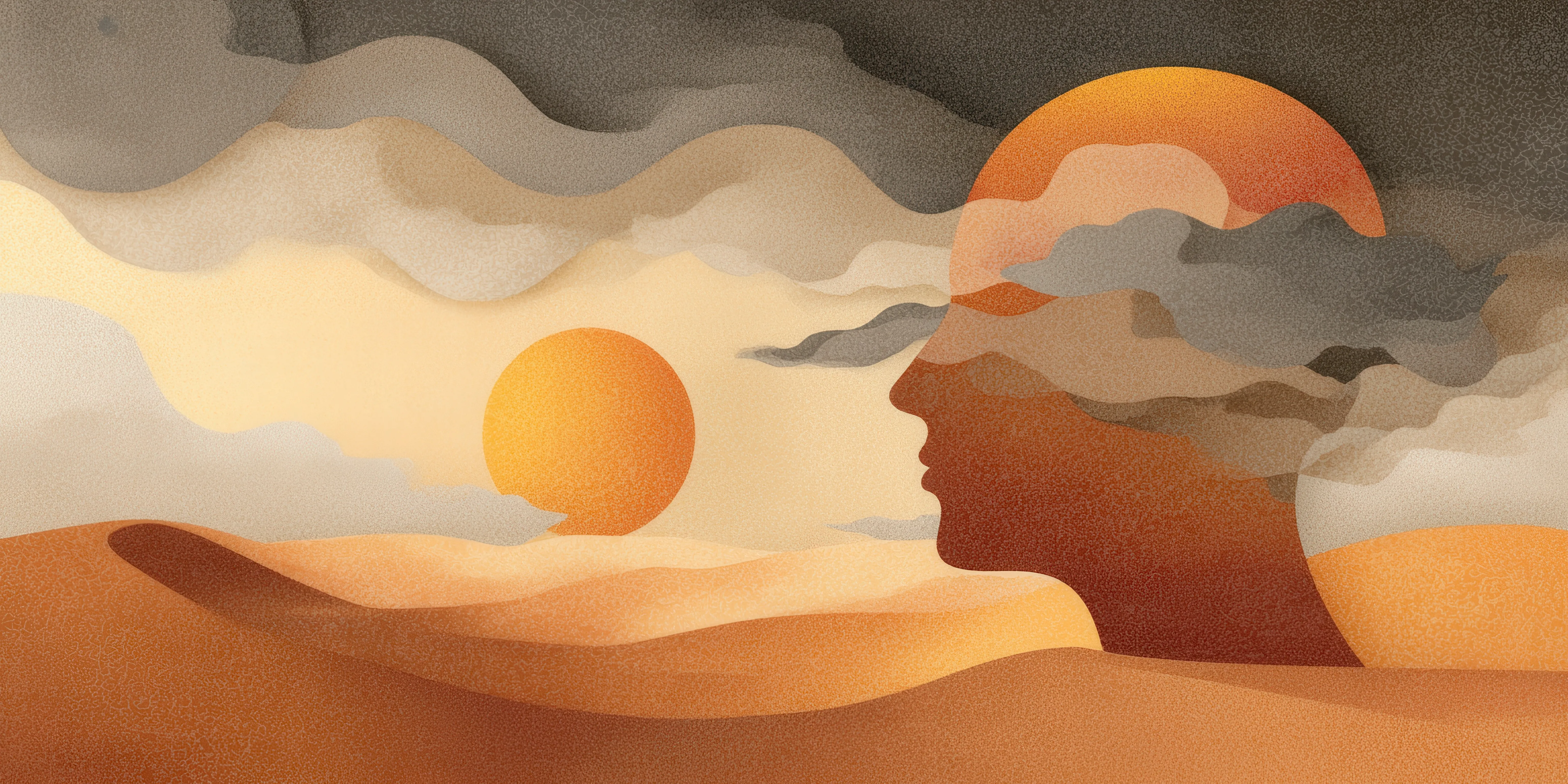 Et grafisk, kunstnerisk bilde med et hode og en sol